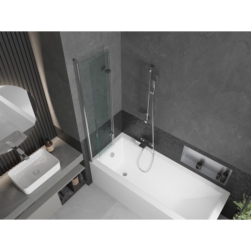 Rektangulært badekar Mexen Cubik 160 x 70 cm med front- og sidebeklædning samt 2-fløjet brusevæg 80 cm i transparent krom, 1 sæt