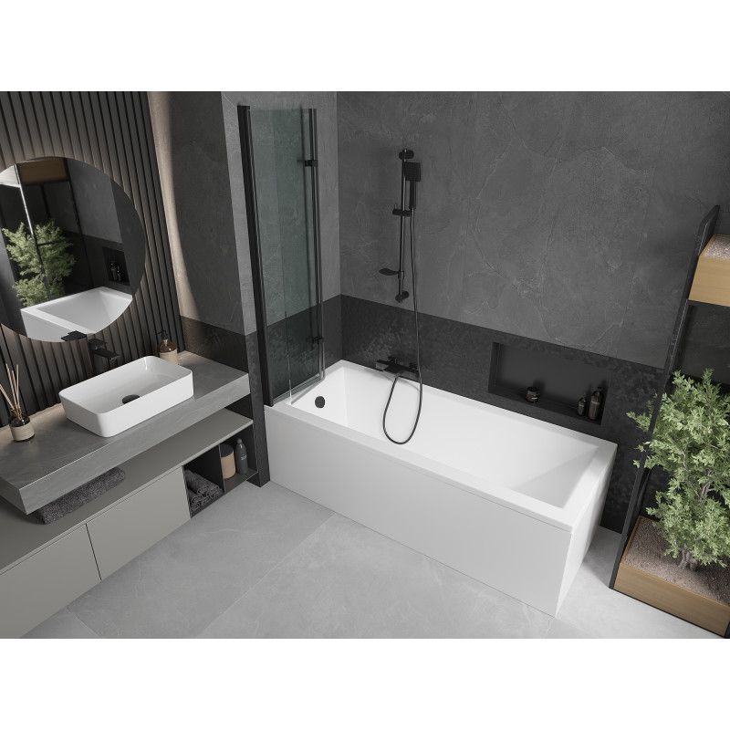 Rektangulært badekar Mexen Cubik 160 x 70 cm med front- og sidepanel samt 2-fløjet brusevæg 80 cm transparent sort 1 sæt