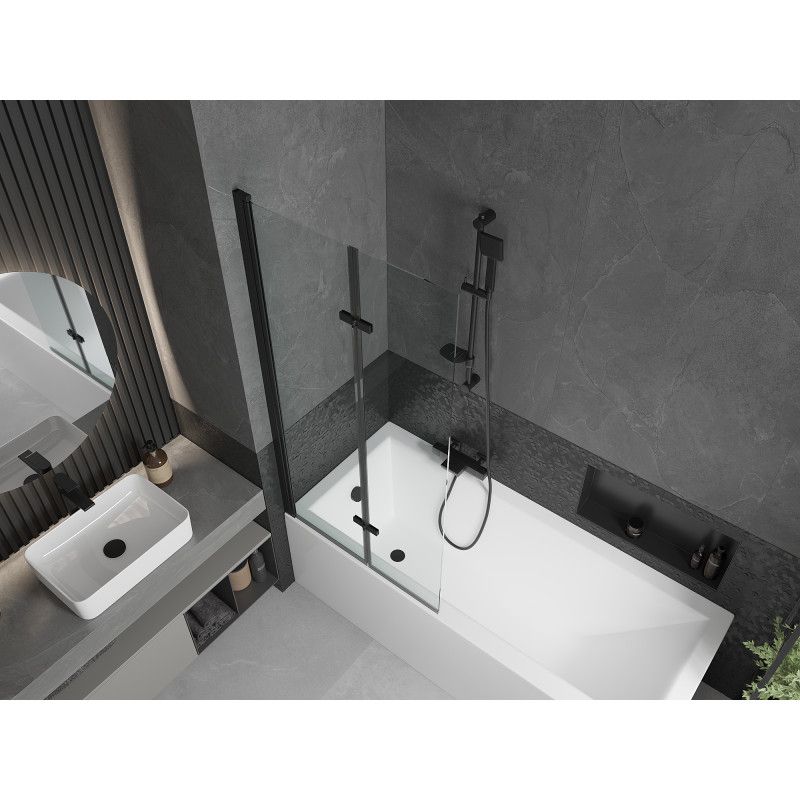 Rektangulært badekar Mexen Cubik 160 x 70 cm med front- og sidepanel samt 2-fløjet brusevæg 80 cm transparent sort 1 sæt