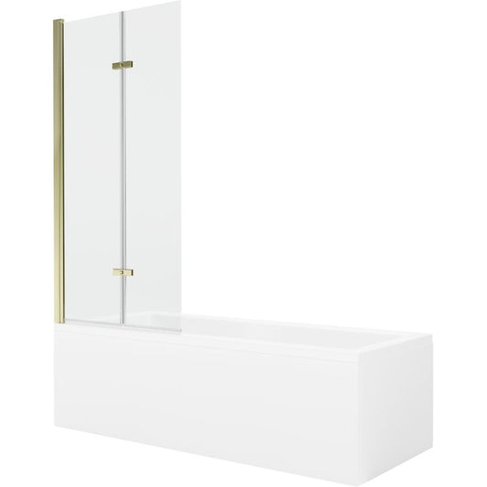 Rektangulært badekar Mexen Cubik 160 x 70 cm med frontpanel og 2-fløjet brusevæg 80 cm transparent guld 1 sæt