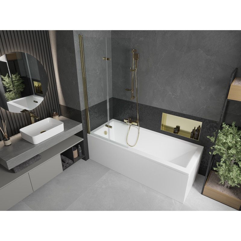 Rektangulært badekar Mexen Cubik 160 x 70 cm med frontpanel og 2-fløjet brusevæg 80 cm transparent guld 1 sæt