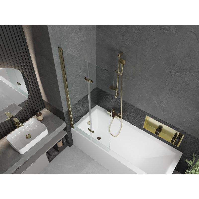 Rektangulært badekar Mexen Cubik 160 x 70 cm med frontpanel og 2-fløjet brusevæg 80 cm transparent guld 1 sæt
