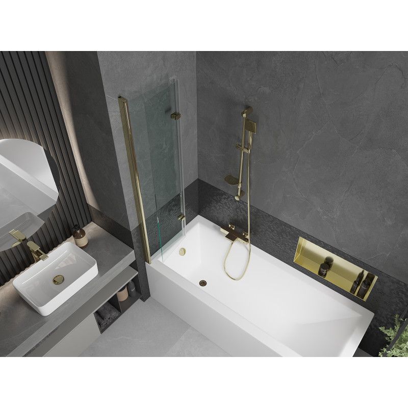 Rektangulært badekar Mexen Cubik 160 x 70 cm med frontpanel og 2-fløjet brusevæg 80 cm transparent guld 1 sæt