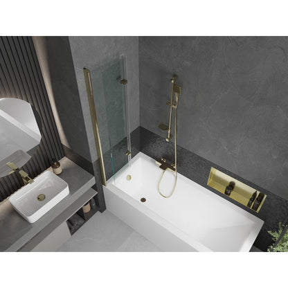 Rektangulært badekar Mexen Cubik 160 x 70 cm med frontpanel og 2-fløjet brusevæg 80 cm transparent guld 1 sæt