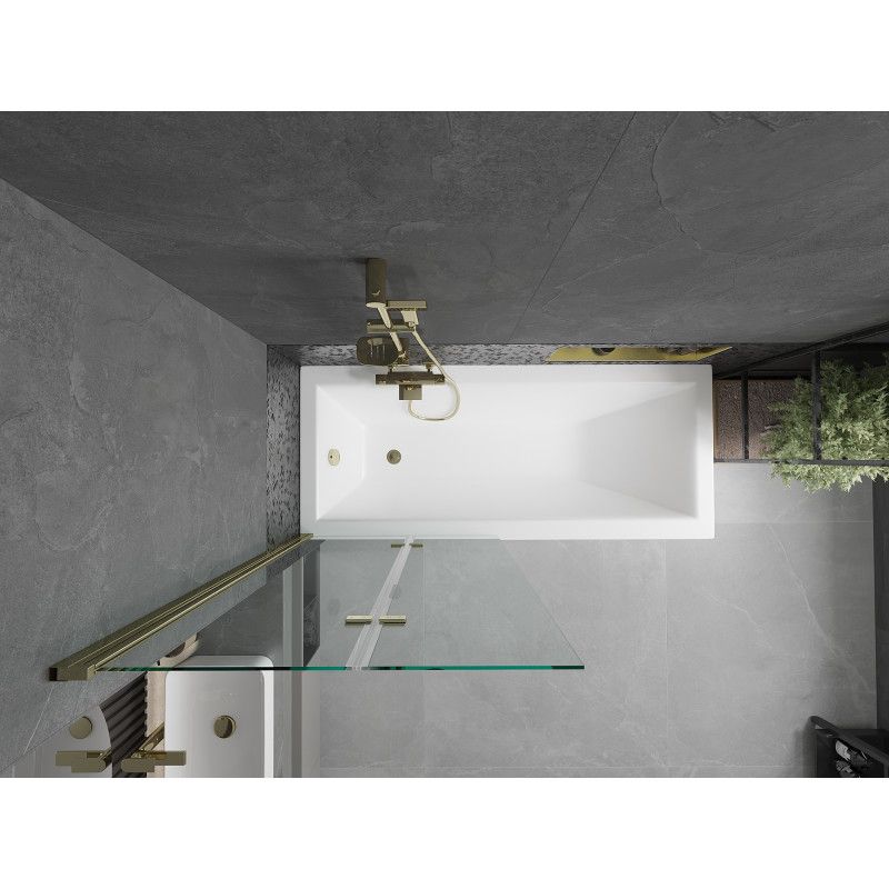 Rektangulært badekar Mexen Cubik 160 x 70 cm med frontpanel og 2-fløjet brusevæg 80 cm transparent guld 1 sæt