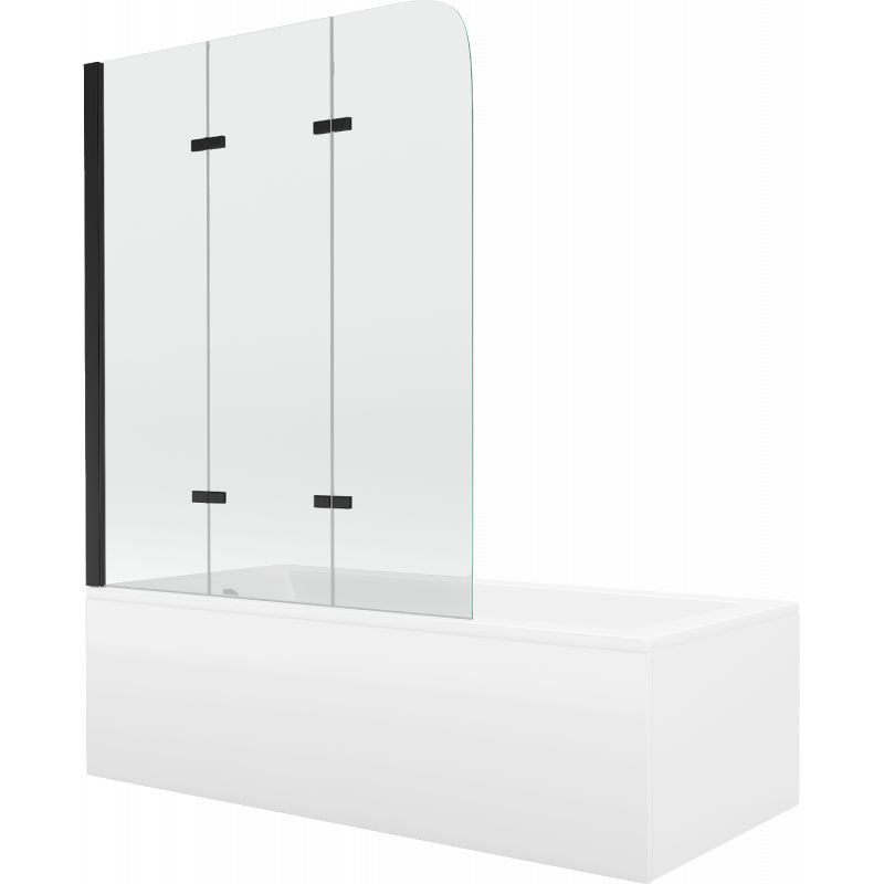 Rektangulært badekar Mexen Cubik 160 x 70 cm med front- og sidepanel samt 3-fløjet brusevæg 120 cm transparent sort 1 sæt