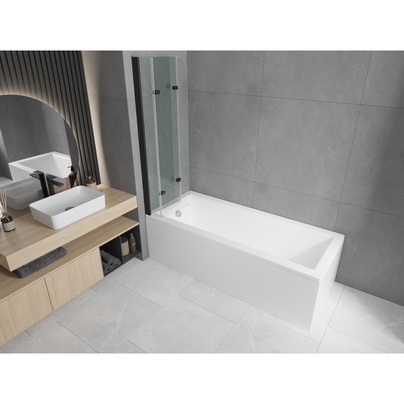 Rektangulært badekar Mexen Cubik 160 x 70 cm med front- og sidepanel samt 3-fløjet brusevæg 120 cm transparent sort 1 sæt