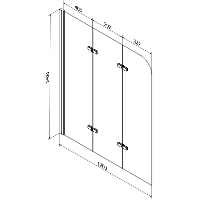Rektangulært badekar Mexen Cubik 160 x 70 cm med front- og sidepanel samt 3-fløjet brusevæg 120 cm transparent sort 1 sæt