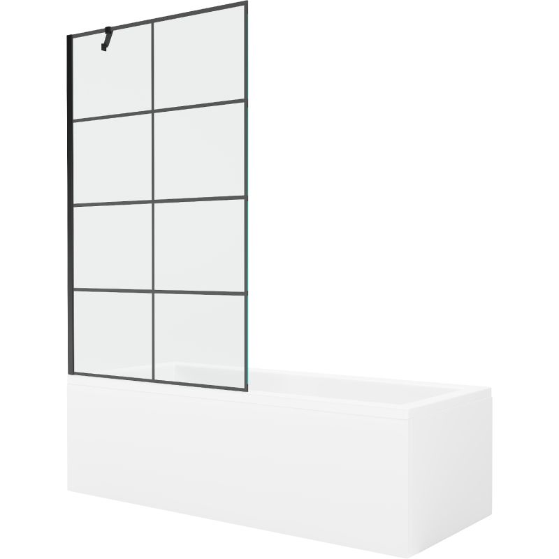 Rektangulært badekar Mexen Cubik 170 x 70 cm med frontpanel og 1-fløjet brusevæg 100 cm med sort mønster, komplet sæt