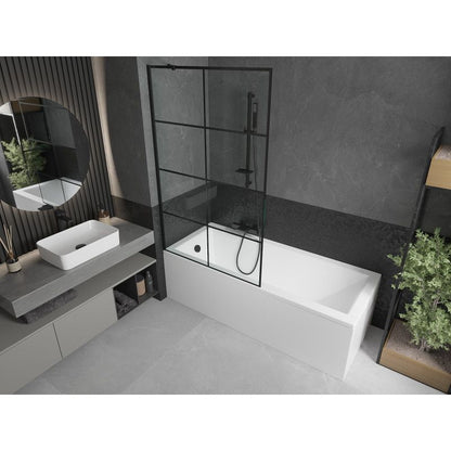 Rektangulært badekar Mexen Cubik 170 x 70 cm med frontpanel og 1-fløjet brusevæg 100 cm med sort mønster, komplet sæt