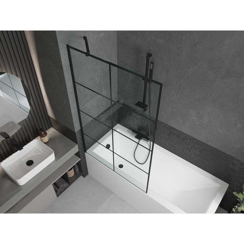 Rektangulært badekar Mexen Cubik 170 x 70 cm med frontpanel og 1-fløjet brusevæg 100 cm med sort mønster, komplet sæt