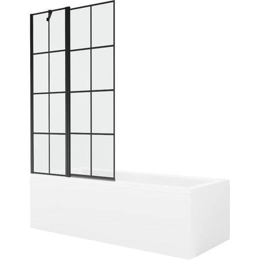 Rektangulært badekar Mexen Cubik 170 x 70 cm med front- og sidepanel samt 1-fløjet brusevæg 100 cm med sort mønster, komplet sæt