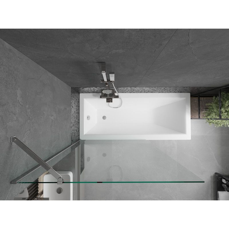 Rektangulært badekar Mexen Cubik 170 x 70 cm med front- og sidepanel samt 1-fløjet brusevæg 100 cm i transparent krom, 1 sæt