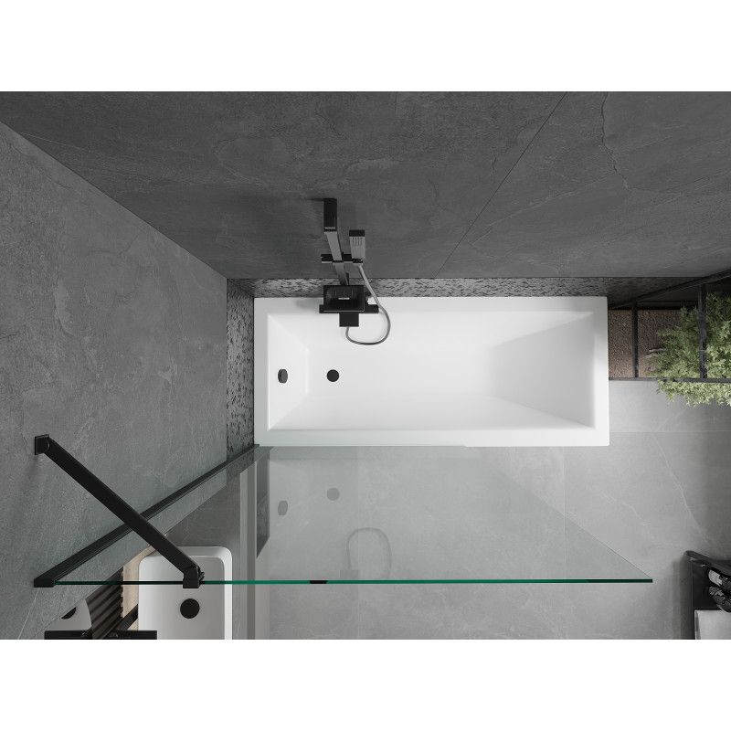 Rektangulært badekar Mexen Cubik 170 x 70 cm med front- og sidepanel samt 1-fløjet brusevæg 100 cm i transparent sort