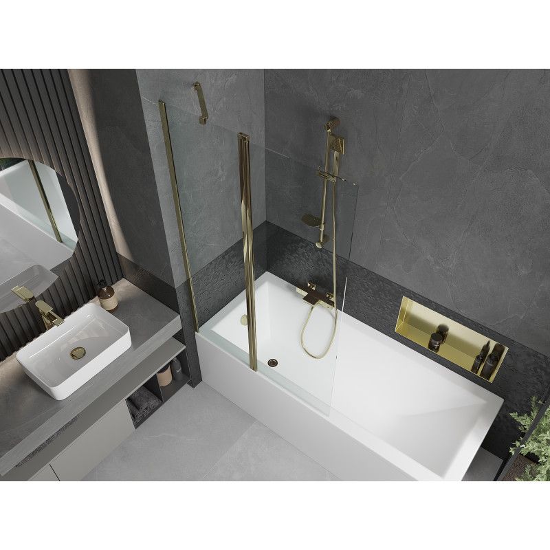 Rektangulært badekar Mexen Cubik 170 x 70 cm med front- og sidebeklædning samt 1-fløjet brusevæg 100 cm i transparent guld, komplet sæt