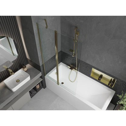 Rektangulært badekar Mexen Cubik 170 x 70 cm med front- og sidebeklædning samt 1-fløjet brusevæg 100 cm i transparent guld, komplet sæt