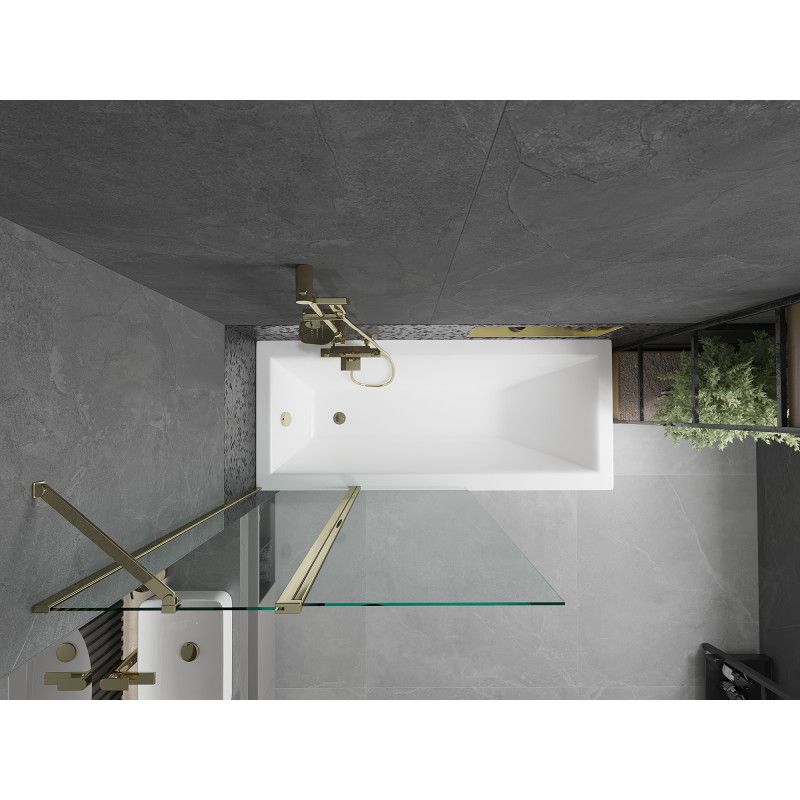 Rektangulært badekar Mexen Cubik 170 x 70 cm med front- og sidebeklædning samt 1-fløjet brusevæg 100 cm i transparent guld, komplet sæt