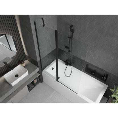 Rektangulært badekar Mexen Cubik 170 x 70 cm med front- og sidepanel samt 1-fløjet brusevæg 120 cm i transparent sort