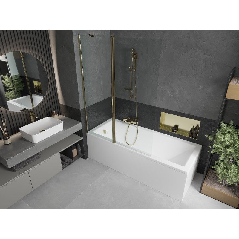 Rektangulært badekar Mexen Cubik 170 x 70 cm med frontpanel og 1-fløjet brusevæg 120 cm transparent guld 1 sæt