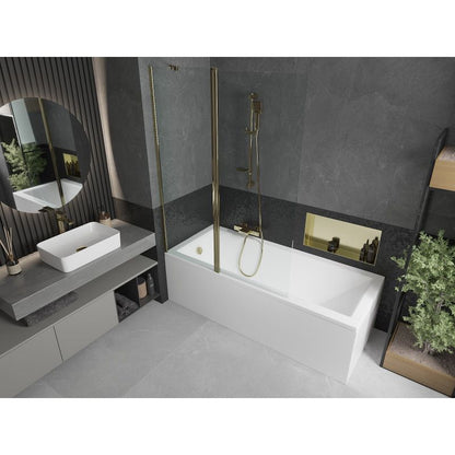 Rektangulært badekar Mexen Cubik 170 x 70 cm med frontpanel og 1-fløjet brusevæg 120 cm transparent guld 1 sæt