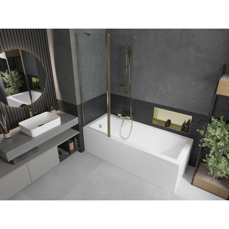 Rektangulært badekar Mexen Cubik 170 x 70 cm med frontpanel og 1-fløjet brusevæg 120 cm transparent guld 1 sæt