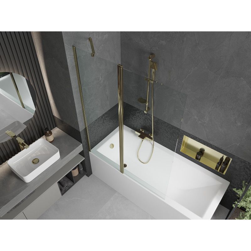 Rektangulært badekar Mexen Cubik 170 x 70 cm med frontpanel og 1-fløjet brusevæg 120 cm transparent guld 1 sæt