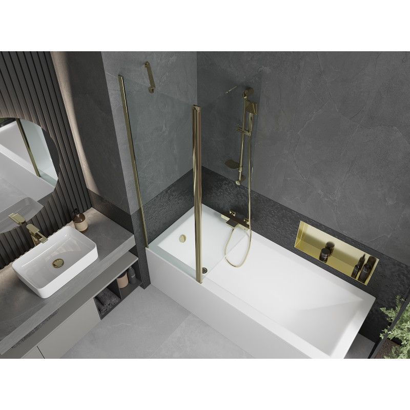 Rektangulært badekar Mexen Cubik 170 x 70 cm med frontpanel og 1-fløjet brusevæg 120 cm transparent guld 1 sæt