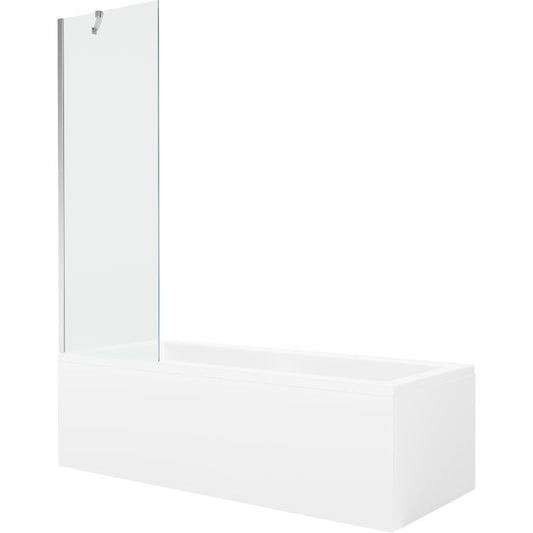 Rektangulært badekar Mexen Cubik 170 x 70 cm med frontpanel og 1-fløjet brusevæg 60 cm i transparent krom, 1 sæt