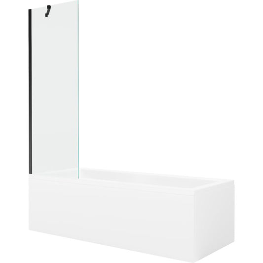 Rektangulært badekar Mexen Cubik 170 x 70 cm med frontpanel og 1-fløjet brusevæg 60 cm transparent sort 1 sæt