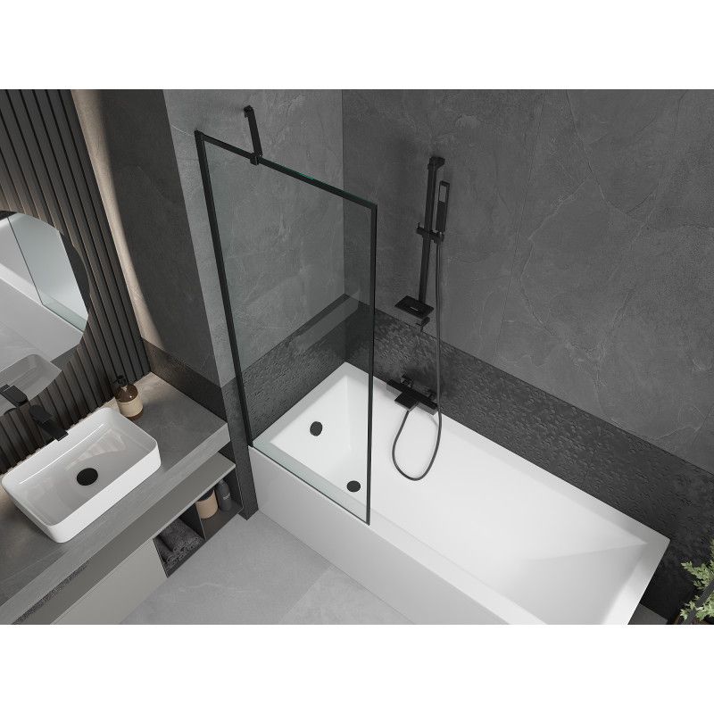 Rektangulært badekar Mexen Cubik 170 x 70 cm med front- og sidepanel samt 1-fløjet sort mønstret brusevæg 70 cm, komplet sæt