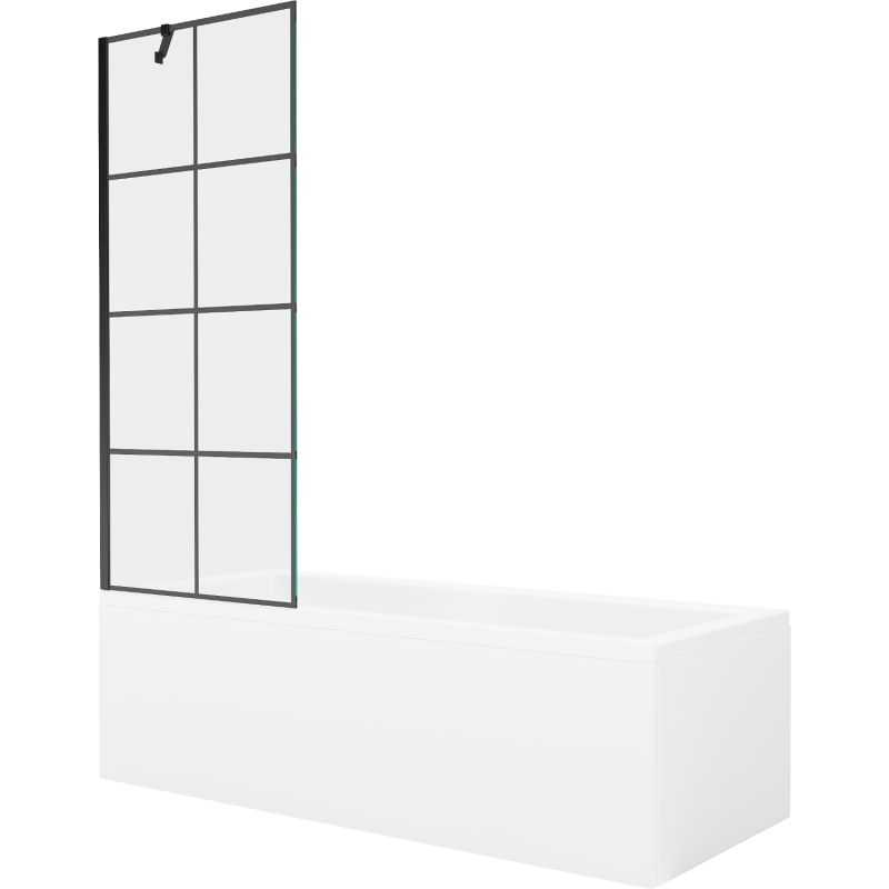 Rektangulært badekar Mexen Cubik 170 x 70 cm med front- og sidepanel samt 1-fløjet brusevæg 70 cm i sort mønster, komplet sæt