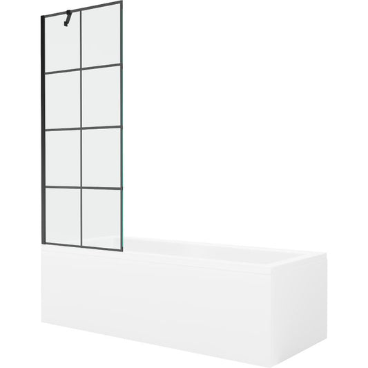 Rektangulært badekar Mexen Cubik 170 x 70 cm med front- og sidepanel samt 1-fløjet brusevæg 70 cm i sort mønster, komplet sæt