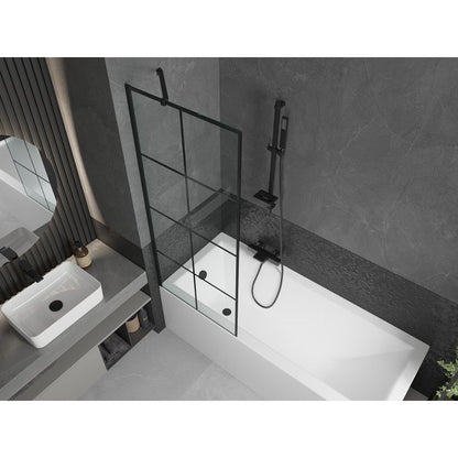 Rektangulært badekar Mexen Cubik 170 x 70 cm med front- og sidepanel samt 1-fløjet brusevæg 70 cm i sort mønster, komplet sæt