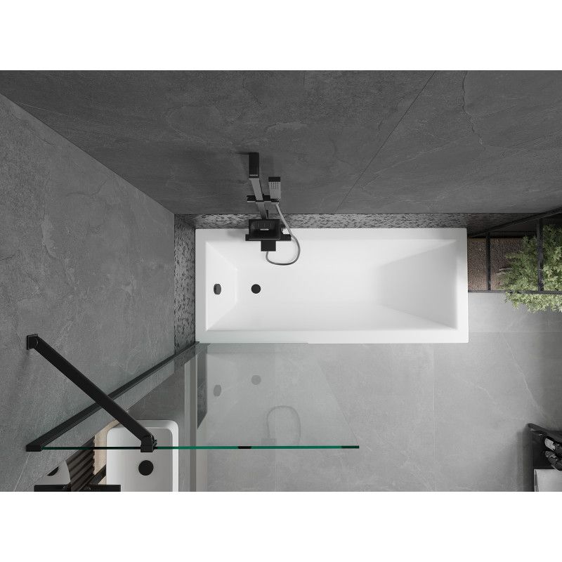 Rektangulært badekar Mexen Cubik 170 x 70 cm med frontpanel og 1-fløjet brusevæg 70 cm transparent sort 1 sæt