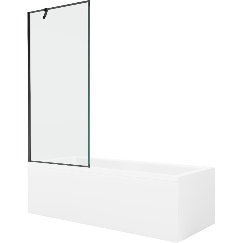 Rektangulært badekar Mexen Cubik 170 x 70 cm med front- og sidepanel samt 1-fløjet brusevæg 80 cm med sort mønster, komplet sæt