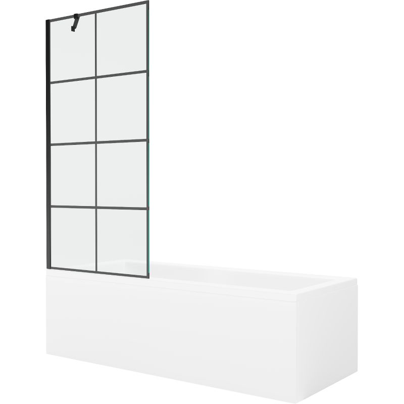Rektangulært badekar Mexen Cubik 170 x 70 cm med front- og sidepanel samt 1-fløjet brusevæg 80 cm med sort mønster, komplet sæt