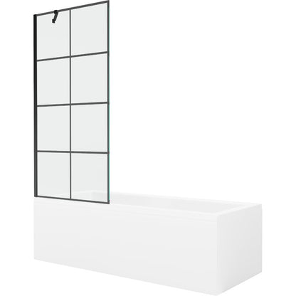 Rektangulært badekar Mexen Cubik 170 x 70 cm med front- og sidepanel samt 1-fløjet brusevæg 80 cm med sort mønster, komplet sæt