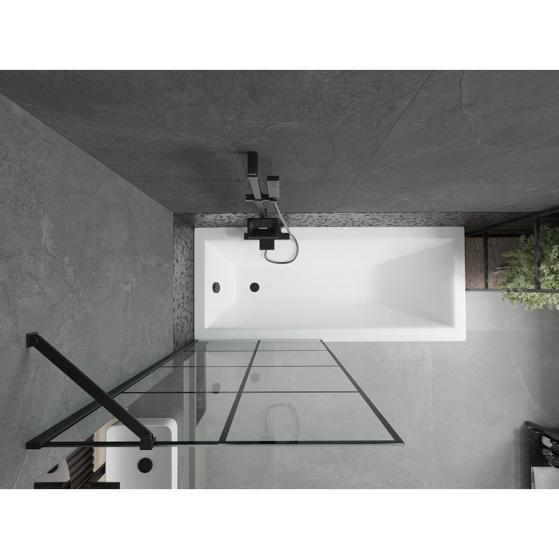 Rektangulært badekar Mexen Cubik 170 x 70 cm med front- og sidepanel samt 1-fløjet brusevæg 80 cm med sort mønster, komplet sæt