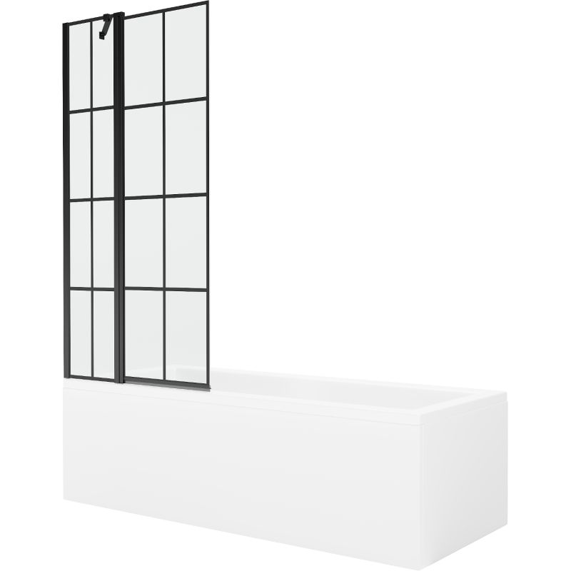 Rektangulært badekar Mexen Cubik 170 x 70 cm med frontpanel, sidepanel og 1-fløjet brusevæg 80 cm med sort mønster, komplet sæt