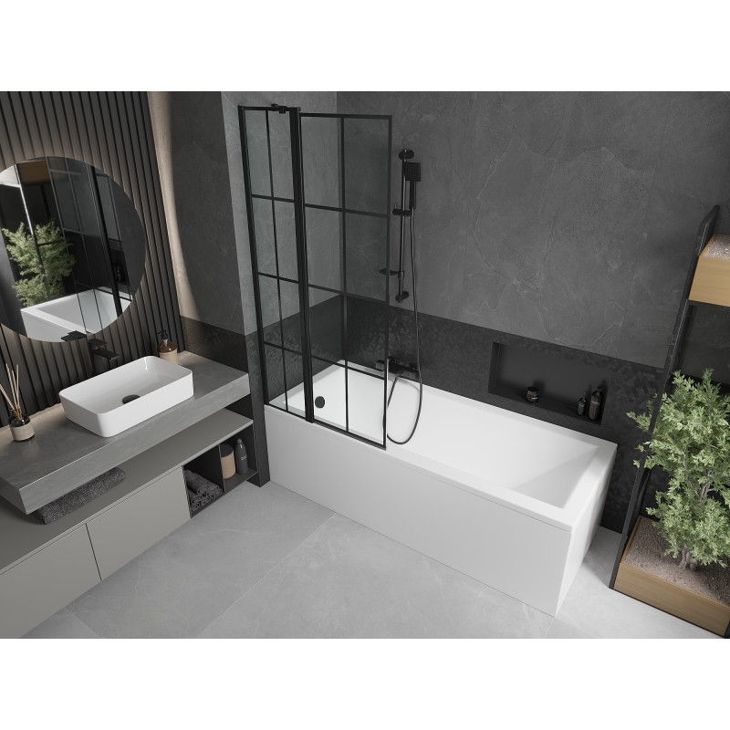 Rektangulært badekar Mexen Cubik 170 x 70 cm med frontpanel, sidepanel og 1-fløjet brusevæg 80 cm med sort mønster, komplet sæt