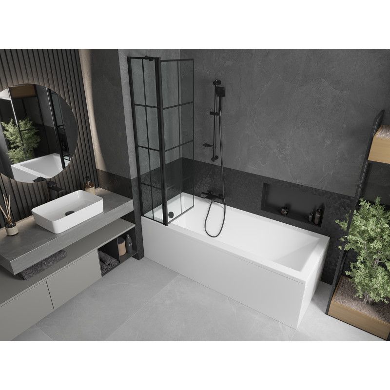 Rektangulært badekar Mexen Cubik 170 x 70 cm med frontpanel, sidepanel og 1-fløjet brusevæg 80 cm med sort mønster, komplet sæt