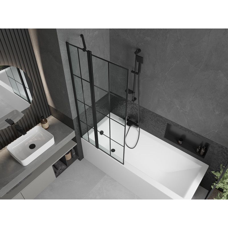 Rektangulært badekar Mexen Cubik 170 x 70 cm med frontpanel, sidepanel og 1-fløjet brusevæg 80 cm med sort mønster, komplet sæt