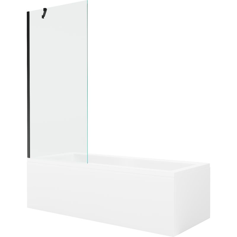 Rektangulært badekar Mexen Cubik 170 x 70 cm med frontpanel og 1-fløjet brusevæg 80 cm transparent sort 1 sæt