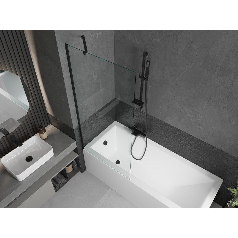 Rektangulært badekar Mexen Cubik 170 x 70 cm med frontpanel og 1-fløjet brusevæg 80 cm transparent sort 1 sæt