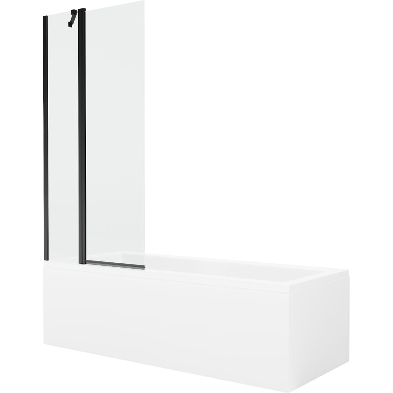 Rektangulært badekar Mexen Cubik 170 x 70 cm med frontpanel og 1-fløjet brusevæg 80 cm transparent sort 1 sæt