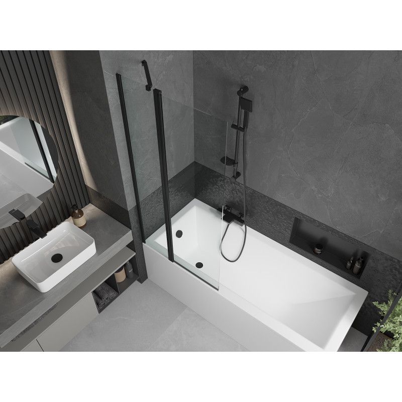 Rektangulært badekar Mexen Cubik 170 x 70 cm med frontpanel og 1-fløjet brusevæg 80 cm transparent sort 1 sæt