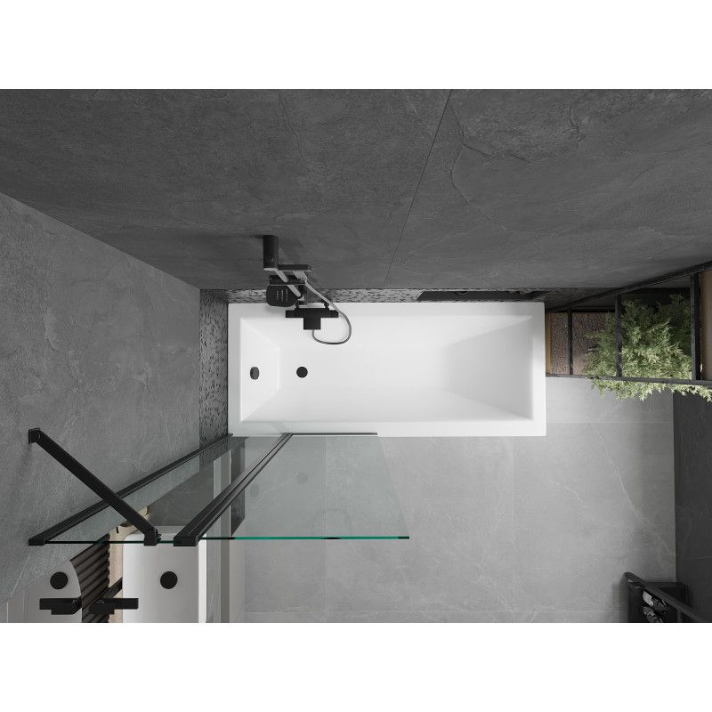 Rektangulært badekar Mexen Cubik 170 x 70 cm med frontpanel og 1-fløjet brusevæg 80 cm transparent sort 1 sæt