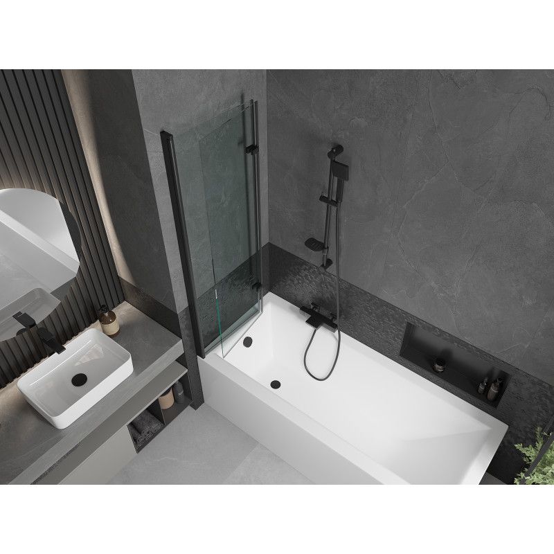 Rektangulært badekar Mexen Cubik 170 x 70 cm med frontpanel og 2-fløjet brusevæg 100 cm transparent sort 1 sæt