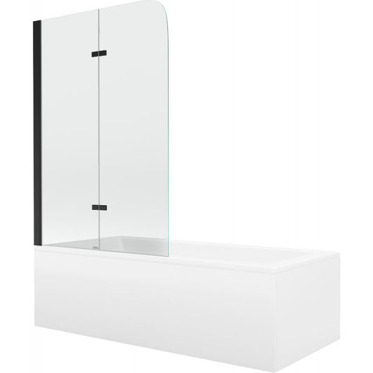 Rektangulært badekar Mexen Cubik 170 x 70 cm med front- og sidepanel samt 2-fløjet brusevæg 100 cm i transparent sort, 1 sæt