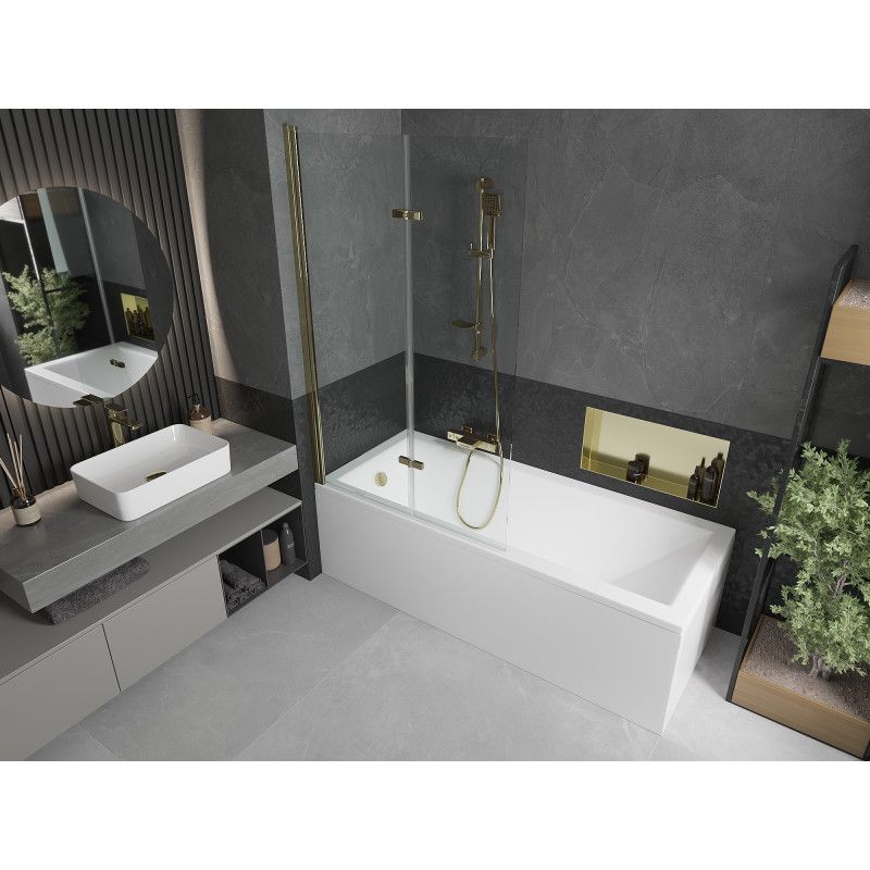 Rektangulært badekar Mexen Cubik 170 x 70 cm med frontpanel og 2-fløjet brusevæg 100 cm transparent med guldfinish, 1 sæt